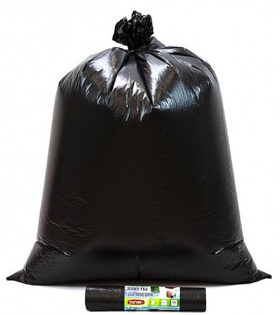 Мешки для мусора 130 литров 40 мкм, черные, 2 слоя (ПВД, в рулоне 10 штук, 93x110 см) - Вид 2